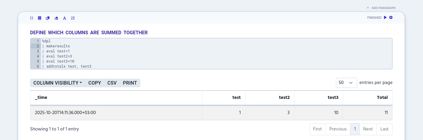 Example of result where some of the columns are summed together