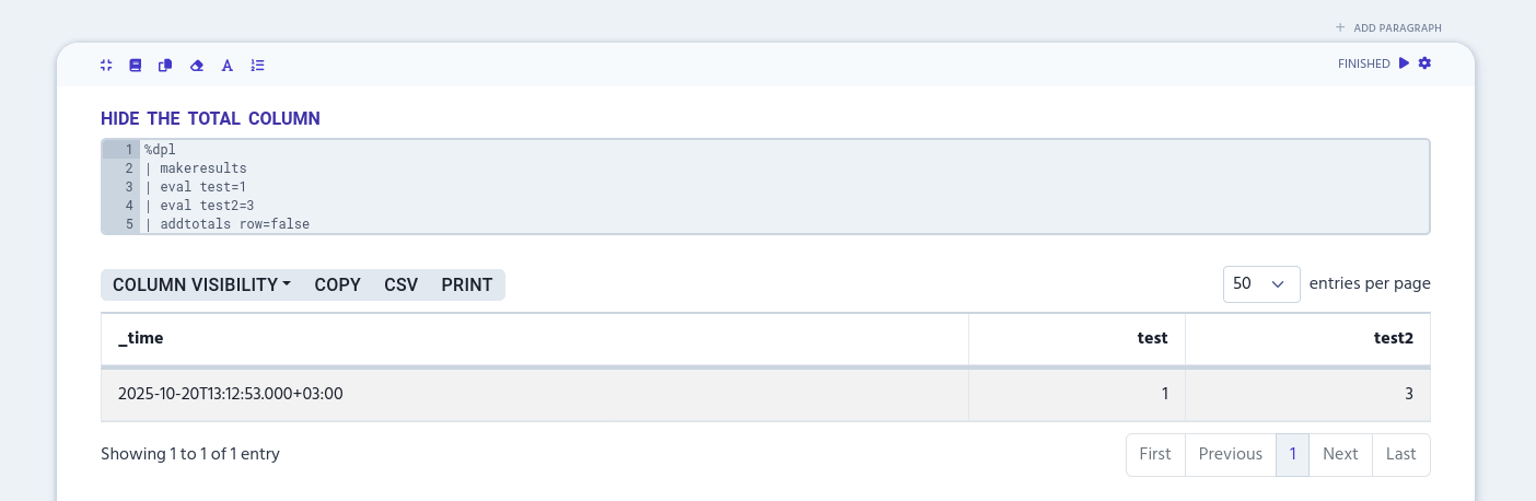Example of result where row argument is set to false