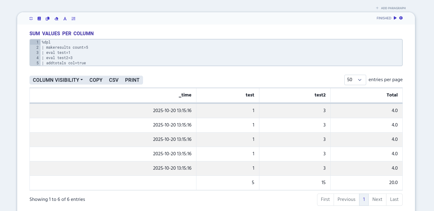 Example of result where col argument is set to true