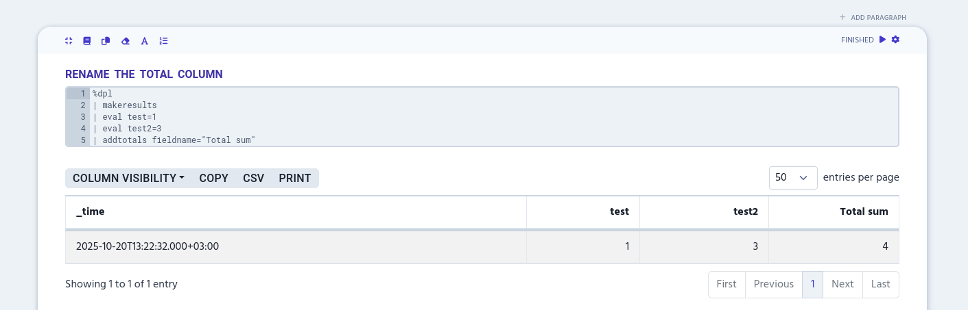 Example of result where the 'Total' column is renamed with fieldname argument