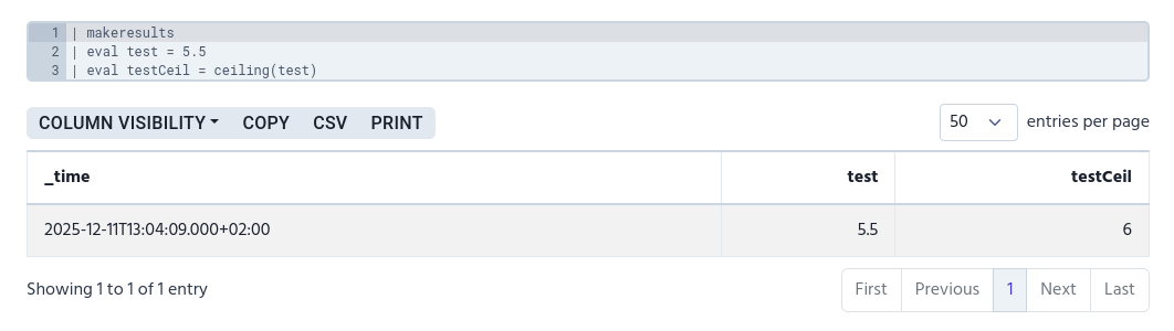 Screenshot of the previous example’s result. It shows 6 in testCeil column.
