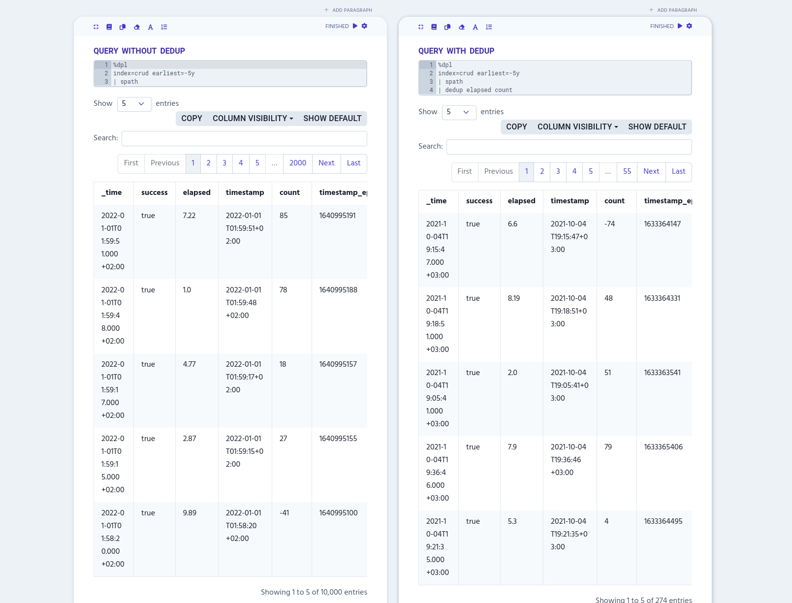 example result of a basic dedup query with multiple columns