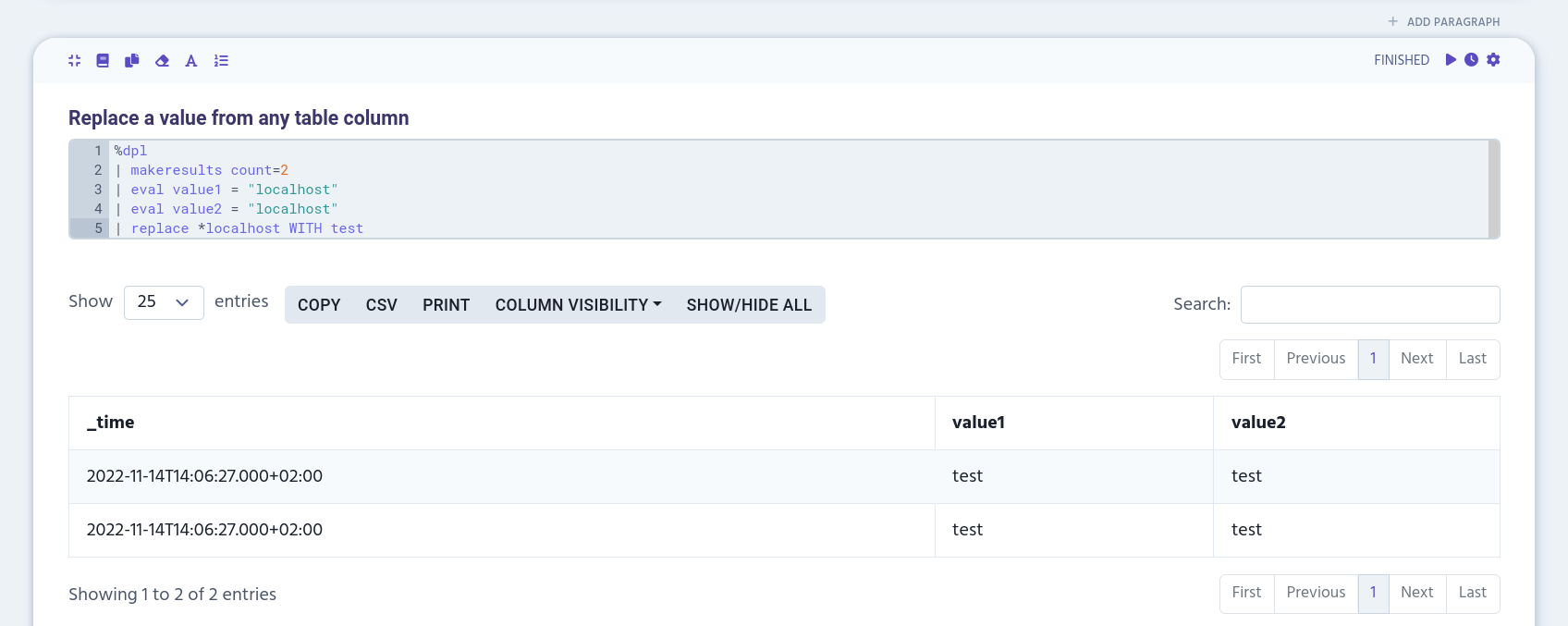 example of replacing a value from all table columns